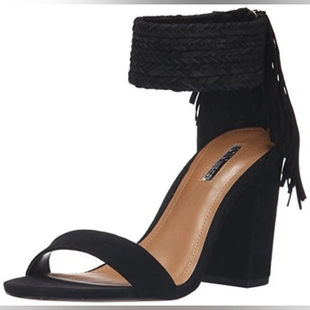 BCBGeneration Calizi Black Lux Suede Block Heel Ankle Cuff Fringe Sandal New 7 - Picture 2 of 12
